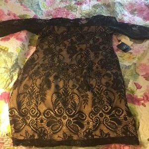 Sheer, light, fitting party dress-black and tan